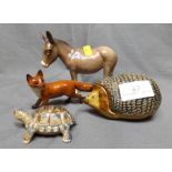 Beswick Figures of a Donkey and a Fox and a Wade Lidded Hedgehog Box and a Wade Tortoise