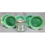 Five Wedgwood Cabbage Leaf Plates and a Wedgwood Light Green Jasper Ware Biscuit Barrel with