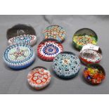 Nine Assorted Multicane Paperweights, varying from 1.5" high to 3" high, one with E.R 1953