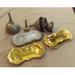 Six 19th Century Brass Snuffer Trays plus a Pair of Steel Candle Snuffers, one foot missing