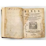 "Breeches" bible printed by Christopher Barker, 1599, some early pages frayed and torn, some