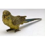 Cold painted bronze model of a budgerigar, length 16cm    Condition report: paint chipped; one toe