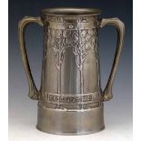 Liberty Tudric pewter two-handled mug, 010, after David Veazey, decorated with a continuous band