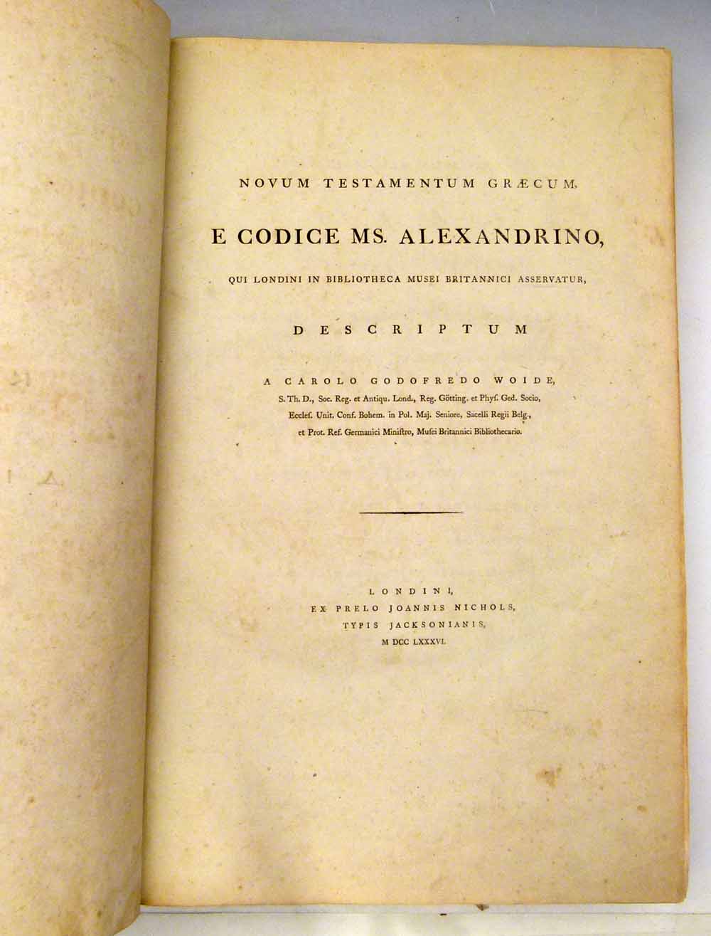 Novum Testamentum Graecum E Codice MS. Alexandrino, 1786, brown calf spine, five raised bands, six