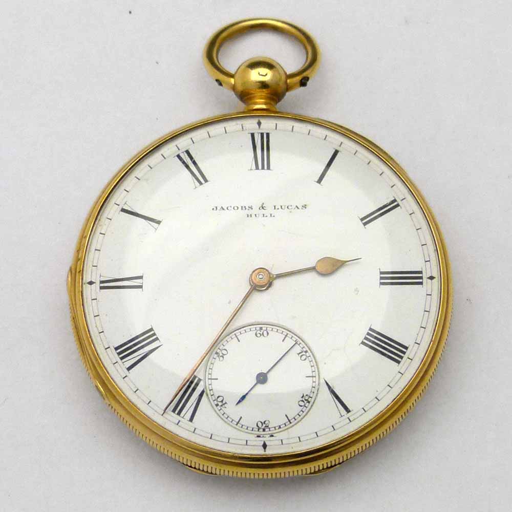 18ct gold open faced pocket watch, engine turned case London 1854, white enamel Roman dial,