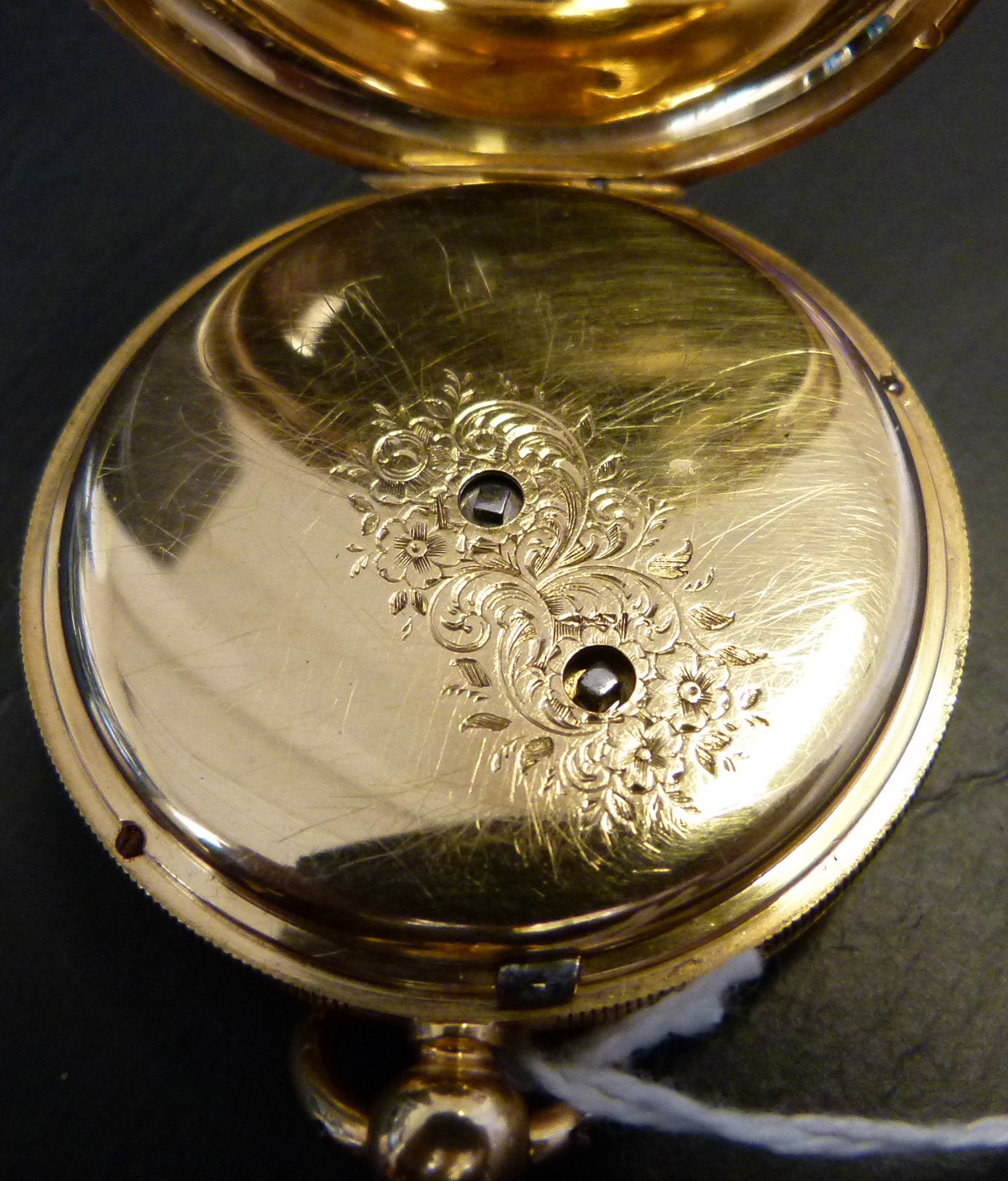 18ct gold open faced pocket watch, engine turned case London 1854, white enamel Roman dial, - Image 6 of 6
