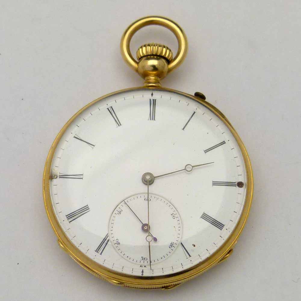 18ct gold Swiss open faced pocket watch, engine turned case, white enamel Roman dial, subsidiary