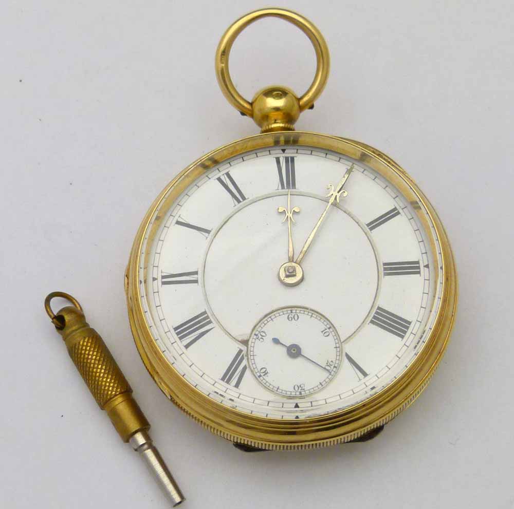 18ct gold open faced pocket watch, case London 1859, white enamel Roman dial, subsidiary seconds,