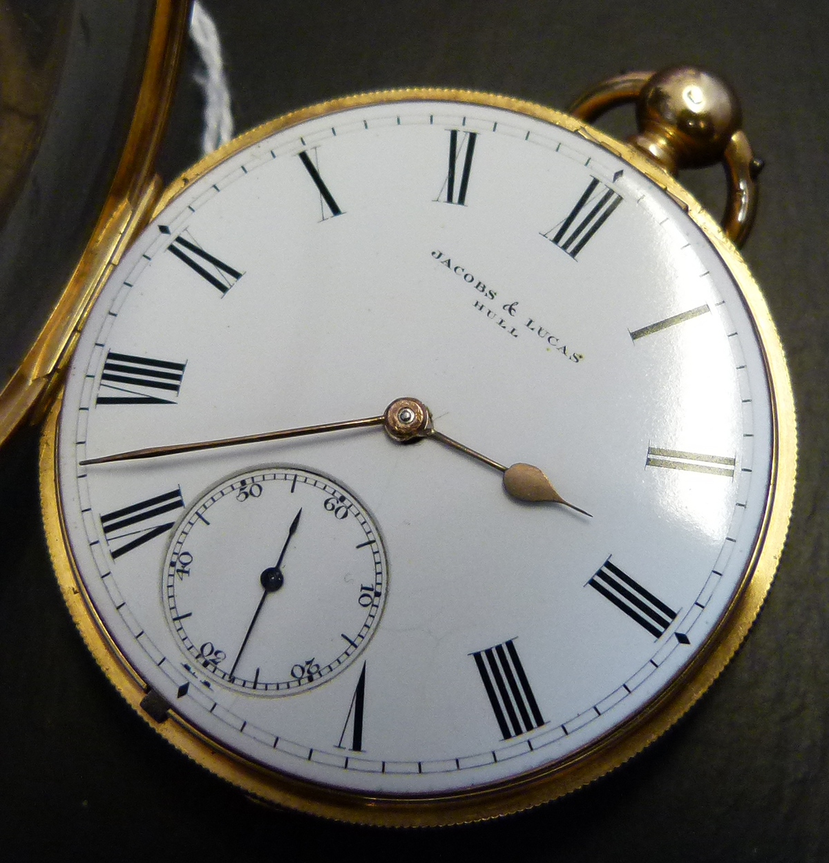18ct gold open faced pocket watch, engine turned case London 1854, white enamel Roman dial, - Image 4 of 6