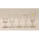 Ale glass with engraved bowl and folded foot, together with four other glasses early 19th century.