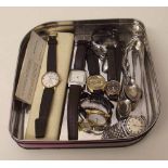 Collection of eight wristwatches and some silver teaspoons. Condition report: see terms and