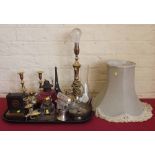 Ruby glass oil lamp, brass/glass ink stand, pair of brass candlesticks and mixed brass ware etc.