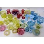 Collection of blue and yellow glass, ruby glass and other press coloured glass. Condition report: