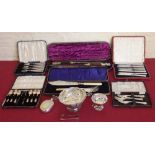 Embossed Birmingham silver bowl, set of cased silver tea spoons and cake forks, cased silver handled