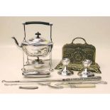 EPNS dresser style spirit kettle and burner by Daniel A. Arter together with a pair of silver