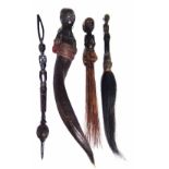 Lulua wand, a Luba / Hemba fly whisk and one other, also a figure atop a horn, the horn measures