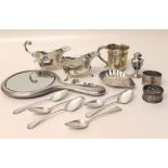 Pair silver sauce boats (at fault) and a mixed group of other silver. Condition report: see terms