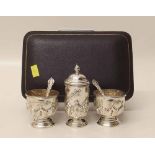 Cased silver three piece condiment set. Condition report: see terms and conditions