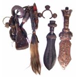 Kuba knife, also another similar dagger, also a Yoruba bell bangle, and a fly whisk chain. All