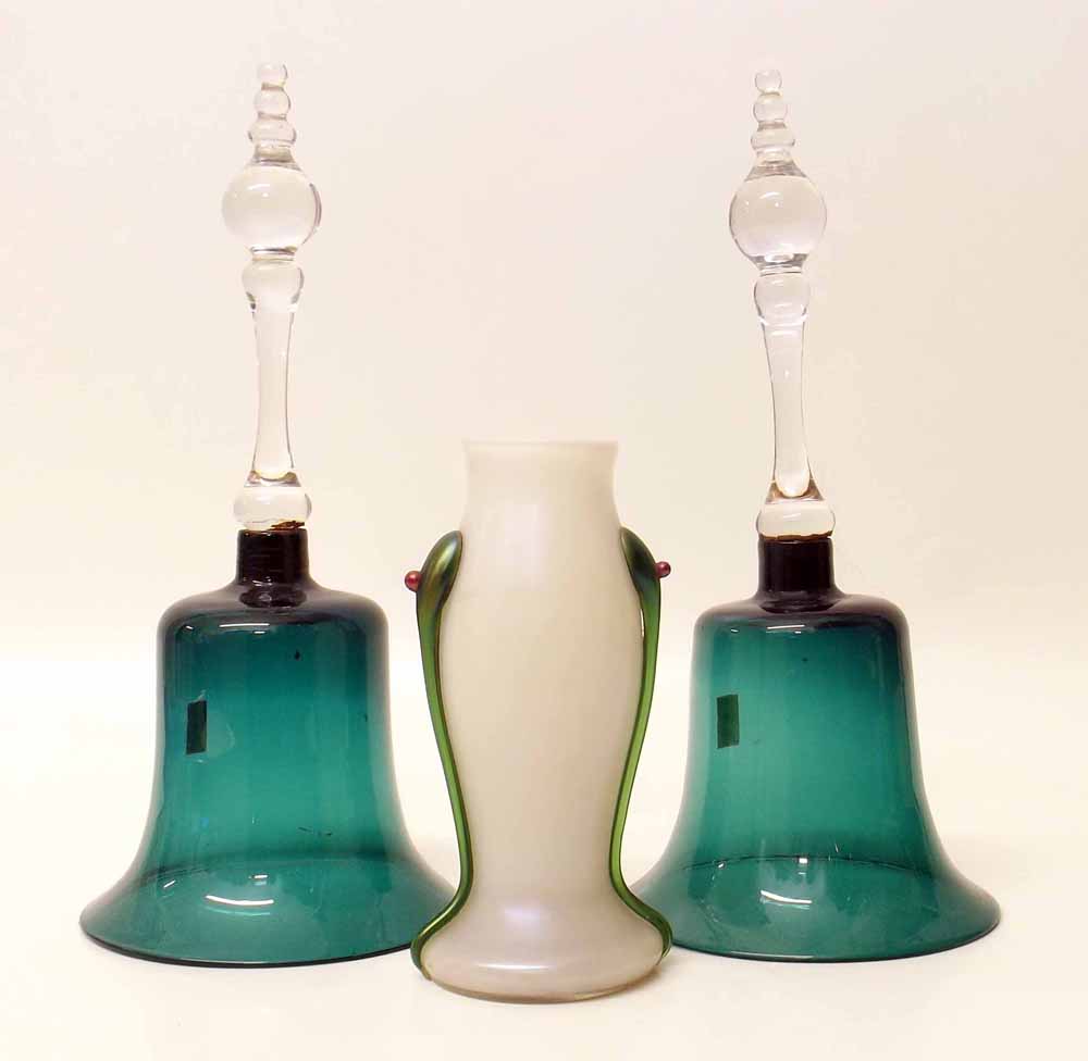 Two green glass Stourbridge decorative hand bells and continental vase. Condition report: see