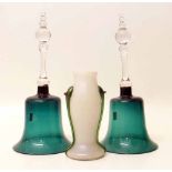 Two green glass Stourbridge decorative hand bells and continental vase. Condition report: see