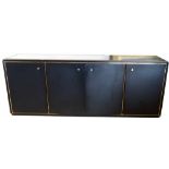 Black and gilt modern four door sideboard, length 213cm.