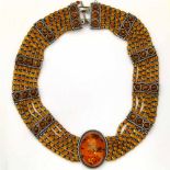 Silver (925) collar necklace set with cabochon and bead amber with many inclusions, length