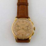 Swiss 18K gold chronograph, 1950's, gilt dial, centre stop seconds, subsidiary minutes timer and