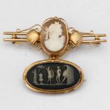 Victorian cameo bar brooch of a female portrait in 18ct gold, width 5.5cm; Wedgwood black jasper