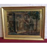 Embroidered and painted picture of figures at a cottage door Condition report: see terms and