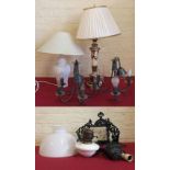 Two centre lamps, two table lamps and a Victorian rise and fall oil lamp. Condition report: see