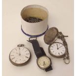 Two silver cased pocket watches and a wristwatch. Condition report: see terms and conditions