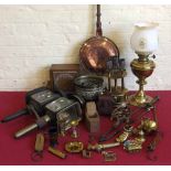 Mixed group of oil lamps, coach lamps, warming pan and other metal ware. Condition report: see terms