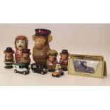 P.G. tips sergeant chimp money box, four piece egg set, also matchbox Donald Duck and three other