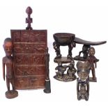 Collection of items, to include a panel carved with iconography, four figures, a figure group, bowl,