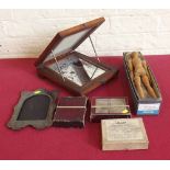 Three boxes containing glass, family portrait slides, pewter photograph frame, a mahogany photograph