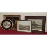 Two watercolour studies of spaniels signed R Seadon; modern still life ; oval painted silk