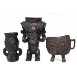 Kuba Anthropomorphic cup, also a Lulua three handled cup and a footed janus cup, the Kuba cup