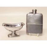 Silver hip flask and plated salt cellar with silver spoon. Condition report: see terms and