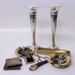 Pair of 27cm tall silver Walker & Hall posy vases, silver nib cleaner in the form of a boot scraper,