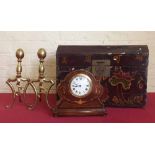 Edwardian mantel clock, pair of brass fire dogs and a painted oriental style box. Condition