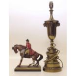 Brass table lamp and a Spelter figure of a highway robbery possibly Dick Turpin. Condition report:
