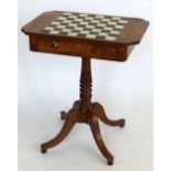 Regency elm games table with an inlaid ivory and ebony chess board top on turned column, width