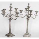 Pair of electro-plated Corinthian column candelabra, the tops of four scrolled branches, overall