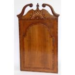 Oak hanging corner cupboard with a swan neck pediment and inlaid sunburst, width 76cm