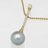 Pearl, 13mm, and diamond gold (750) pendant, length 42mm, on 750 gold bead chain, gross weight 11.