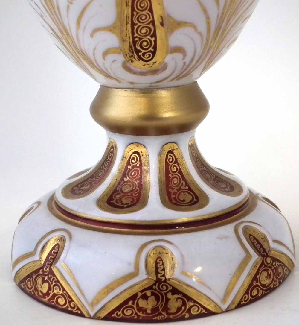 Bohemian overlay glass vase, the white top layer cut through to ruby glass, painted with a lady - Image 5 of 11