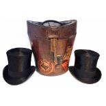 Leather travel hat box, containing two silk top hats, one by A.J. White, the other by Tress and
