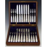 Twelve pairs of silver and shell fruit knives and forks, Allen & Darwin, Sheffield 1898, in a fitted