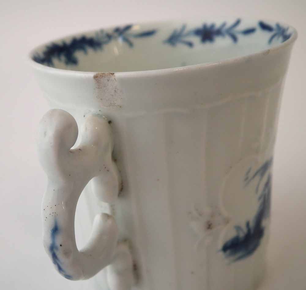 Worcester cup circa 1760, with panel moulded body, double scroll handle, painted with a figure - Image 6 of 8